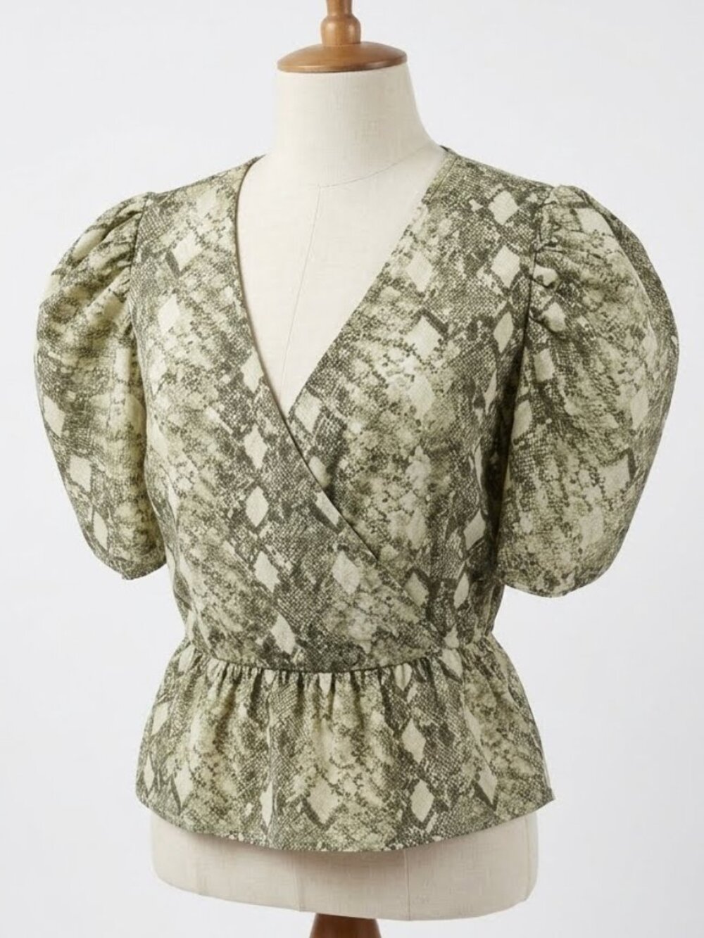 WAYF Snakeskin Print Peplum Blouse Size Small Puff Sleeves